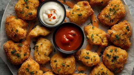 Fried chicken nuggets with sour cream and ketchup, top viewの素材