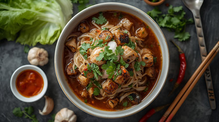 Rice noodle soup with chicken and vegetables in bowl on tableの素材