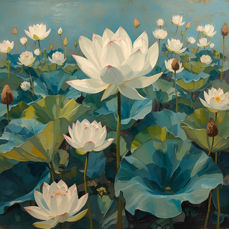 White lotus flowers on a blue background. Beautiful water lilies.の素材