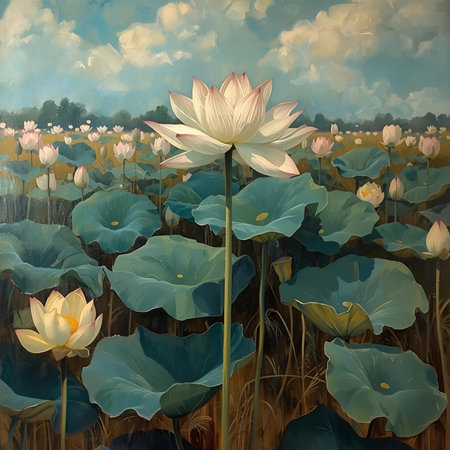Beautiful lotus flower in the pond. Digital painting illustration.の素材