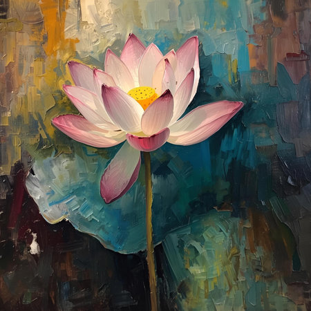 Oil painting of a pink lotus flower on canvas. Can be used as background.の素材