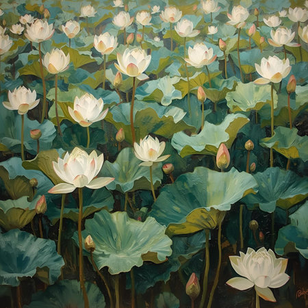 Lotus in the pond with green leaves. Oil painting on canvas.の素材