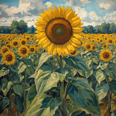 Beautiful sunflower field on a sunny day. Digital painting.の素材