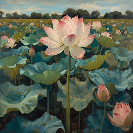 Beautiful lotus flower in the pond. Digital painting in oil.の素材