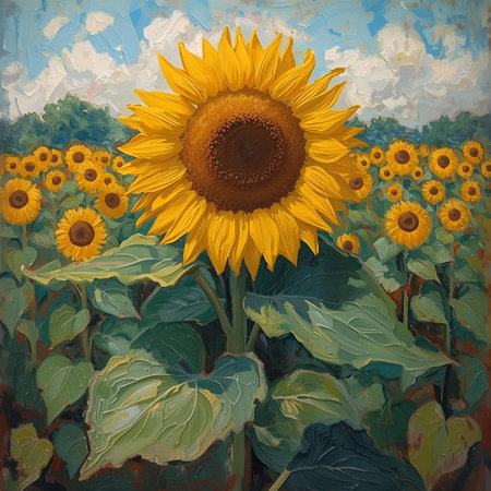 Oil painting on canvas of sunflower field with blue sky background.の素材