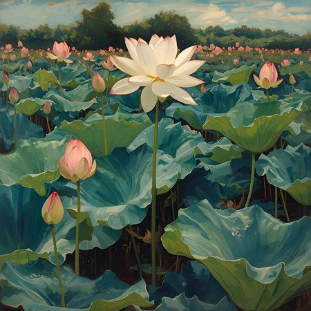 Lotus flowers blooming in the pond. Illustration of lotus flower.の素材