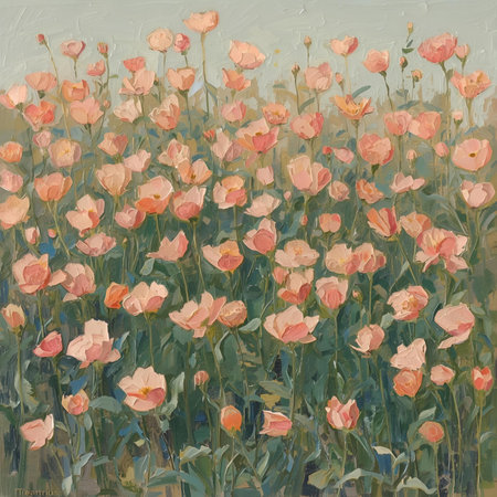 poppies on a green meadow, painting by oil on canvasの素材
