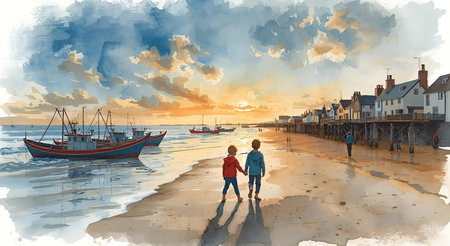 Digital painting of a couple walking on the beach with fishing boats in the backgroundの素材