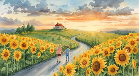 Two children, boy and girl, walk on the road in the sunflower field.の素材