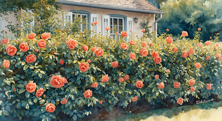 Digital painting of a house surrounded by roses in the garden. Vintage style.の素材