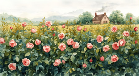 Rural landscape with red roses and old house. Digital painting.の素材