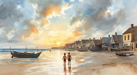 Beautiful seascape with fisherman boats on the beach at sunsetの素材