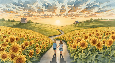 Couple walking on the road in the sunflower field at sunsetの素材
