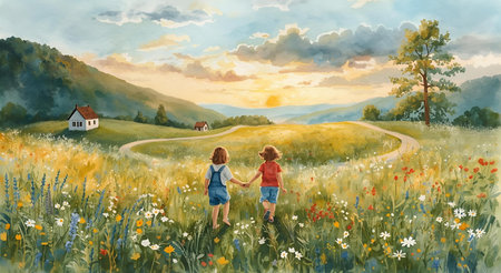 Two little girls walking in the meadow at sunset. Watercolor paintingの素材