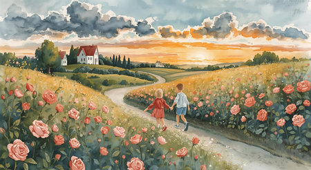 Children walk in the field of red roses. Children's illustration.の素材