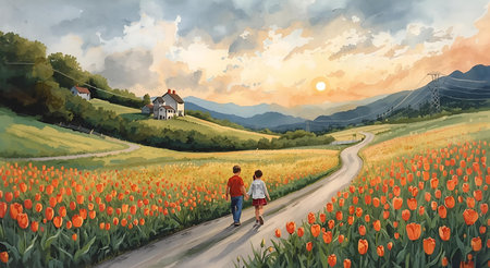 Couple walking on the road in the field with tulips at sunsetの素材