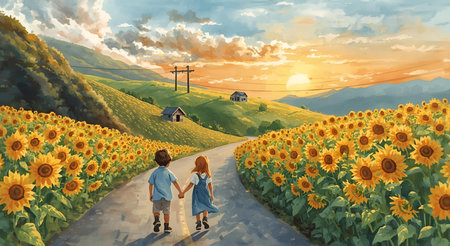 couple walking in sunflower field at sunset time.3d illustrationの素材