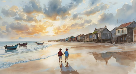 Couple walking on the beach at sunset. 3D Renderingの素材