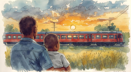 Back view of father and son looking at the train in the skyの素材