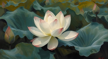 White lotus on a green background. Illustration of a water lily.の素材