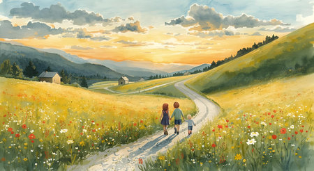 Digital painting of a mother and son walking along a rural road at sunsetの素材
