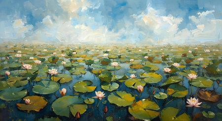 Water lilies in the pond with clouds in the background. Digital painting.の素材