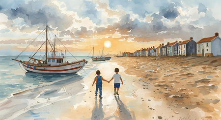 Digital painting of a boy and a girl walking on the beach at sunsetの素材