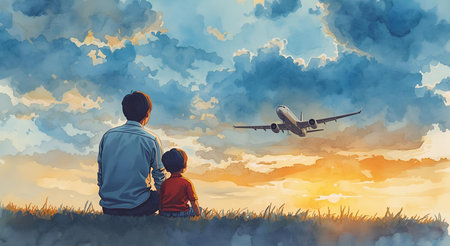 Back view of father and son sitting on grass and looking at airplane in skyの素材