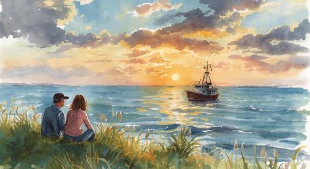 Digital painting of a couple sitting on the grass and looking at a fishing boatの素材