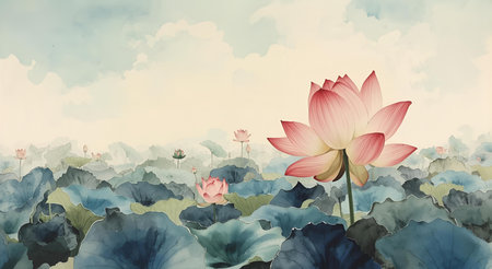 Watercolor illustration of lotus flower in the pond with cloudy sky.の素材