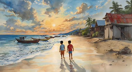 Digital painting of a little boy walking on the beach at sunset.の素材