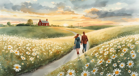 Back view of young couple walking along road with daisies at sunsetの素材