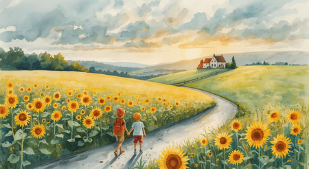 Watercolor painting of a couple walking on a country road with sunflowersの素材