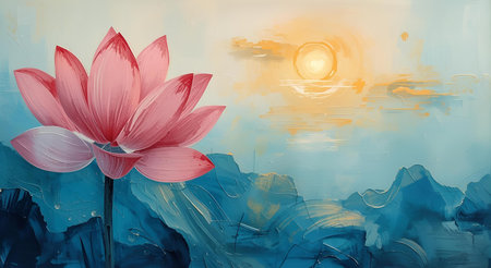 Watercolor painting of lotus flower with sun on sky background.の素材