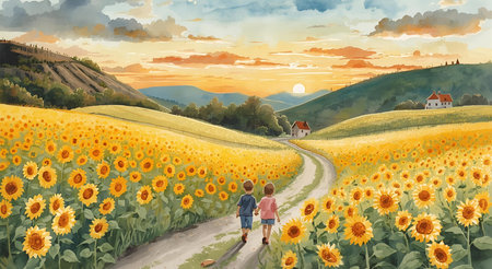 Sunflowers field in the mountains. Children walk along the road.の素材