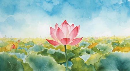 Watercolor painting of lotus flower in the pond. Vector illustration.の素材