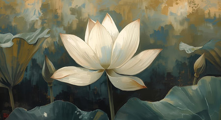 White lotus flower in the pond. Digital painting. 3d renderingの素材