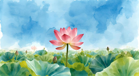 Beautiful watercolor background with lotus flower. Vector illustration.の素材