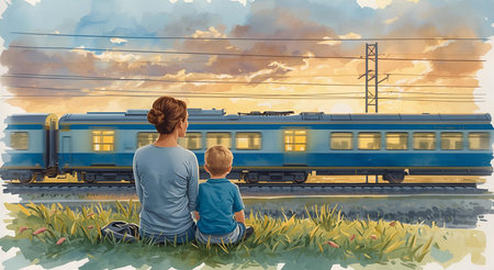 Father and son sitting on the grass near the train. Vintage painting style.の素材