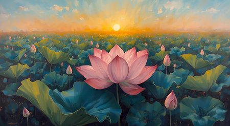 Lotus flower field at sunset. Landscape with beautiful pink lotus flower.の素材