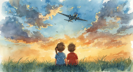 Two little boys looking at the plane in the sky. Watercolor illustrationの素材