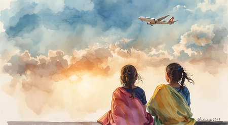 Two little girls watching the plane flying in the sky. Digital painting.の素材