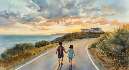 Digital painting of a boy and girl walking on the road to the beachの素材