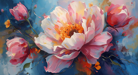 Watercolor painting of peony flowers on colorful background. Vector illustration.の素材