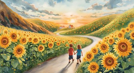 Two little kids boy and girl walking on the road in sunflowers field. Happy family conceptの素材
