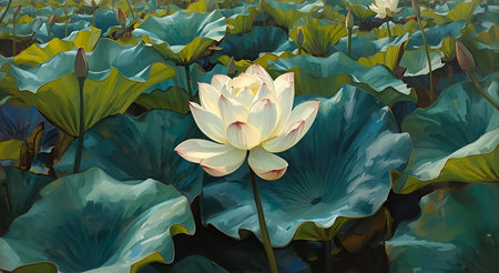 White lotus flower blooming in the pond with green leaves.の素材