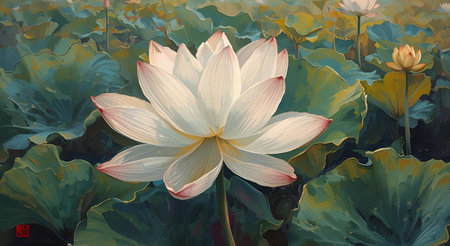 White lotus in the pond. Digital painting. Vector illustration.の素材
