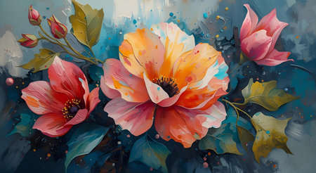 Watercolor bouquet of pink and orange poppies on a blue backgroundの素材