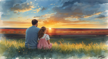 Father and daughter looking at the sunset in the field. Illustrationの素材