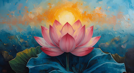 Watercolor painting of lotus flower and sun in the pond.の素材